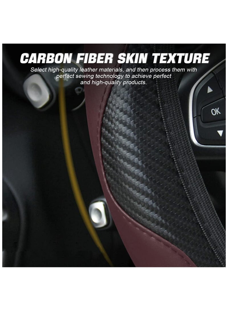Car Steering Wheel Cover, Microfiber PU Leather Elastic Carbon Fiber Auto Steering Wheel Protector, 15 Inch Breathable Anti-Slip for Women Men, Car Interior Accessories for Most Cars (Black/Wine Red) - Image 2