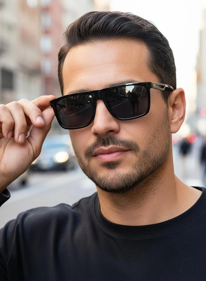 Take Two Men Black Flat Top Square Frame Sunglasses
