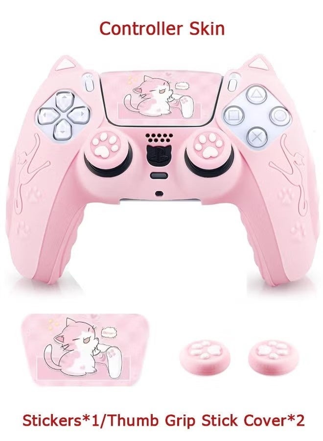 Cute Cat Paw PS5 Controller Skin - Silicone Controller Cover for PlayStation 5 Wireless Grip - with 2 Thumb Grip Caps - 1 cat Sticker - Anti-Slip Controller Cover Case - Pink - Image 1