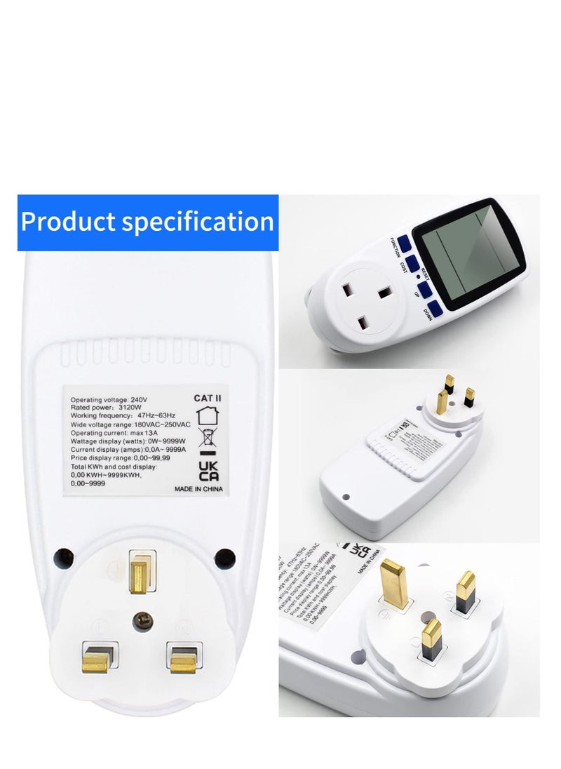 Generic - Power Meter Energy Monitor 240V/13A Watt Meter Plug UK, Power Meter Electricity Usage Monitor, With Backlight LCD Display and 7 Monitoring Modes for Home Hotel Blue Backlight - Image 1