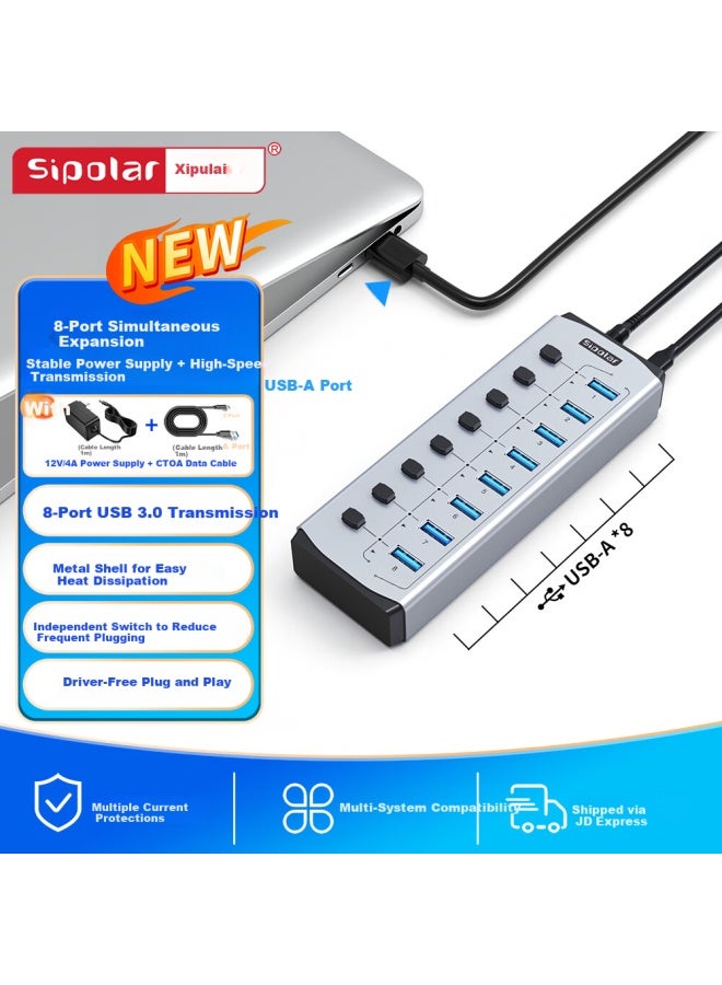 Sipolar Usb 3.0 8-port High-speed Hub With Independent Control, 48w Power Adapter, Multi-port Splitter For Apple Macbook Fs-802 - Image 1