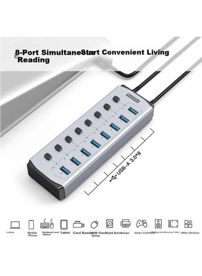 Sipolar Usb 3.0 8-port High-speed Hub With Independent Control, 48w Power Adapter, Multi-port Splitter For Apple Macbook Fs-802 - Image 2