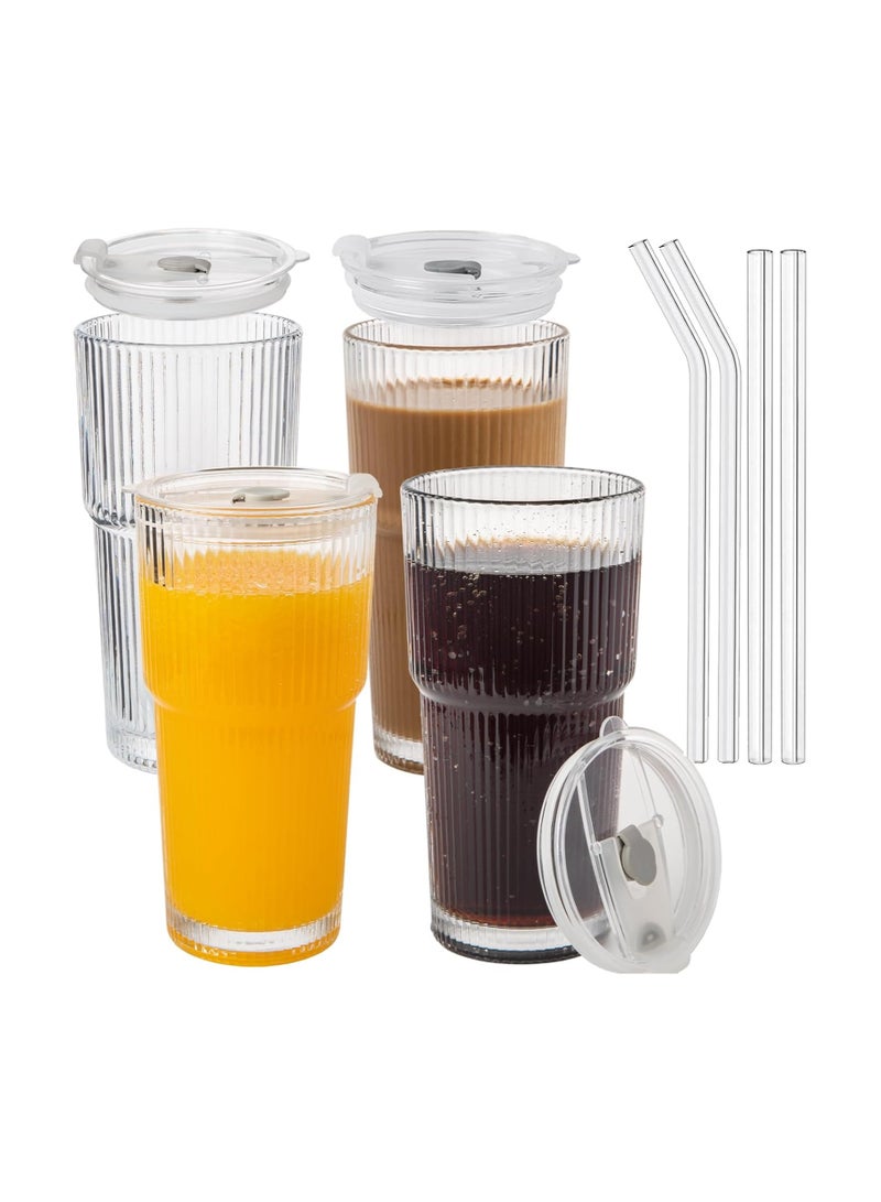 FASHION HOME كوب زجاجي مضلع سعة 20 أونصة - أكواب شرب كبيرة للقهوة المثلجة والماء والعصير - أدوات زجاجية أنيقة وعصرية للاستخدام اليومي والمناسبات الخاصة - مجموعة من 4 - Image 1