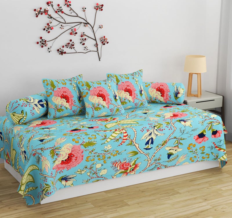 SHOMES Pure Soft Cotton Printed Diwan Set Covers 6 Pieces - 1 Single Bed Sheet (60 X 90) with 3 Cushion (16 X 16), 2 Bolster Covers (16 X 32) (Aqua, Medium) - Image 1