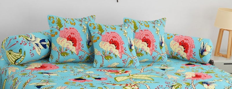 SHOMES Pure Soft Cotton Printed Diwan Set Covers 6 Pieces - 1 Single Bed Sheet (60 X 90) with 3 Cushion (16 X 16), 2 Bolster Covers (16 X 32) (Aqua, Medium) - Image 2