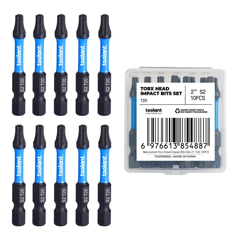 toolant 2â€ Impact Torx Bits 10pack (T20), 1/4â€ Hex-Shank S2 Steel Screwdriving Star Bit, CNC Machined Tips Magnetic Power Bits, with Storage Box - Image 1