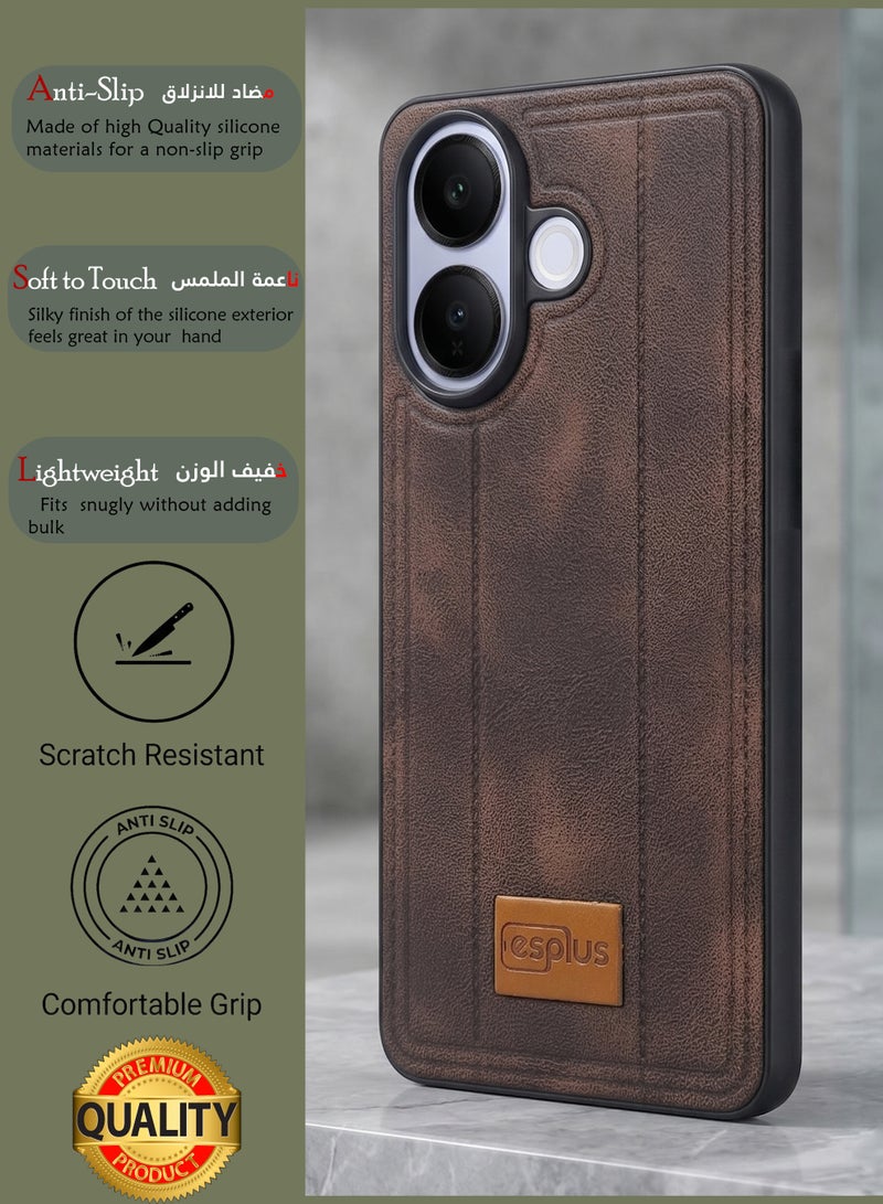 جراب خلفي فاخر من السيليكون بلمسة نهائية جلدية لهاتف Vivo V60 Lite | غطاء سيليكون عالي الجودة مصمم خصيصًا لهاتف Vivo V60 Lite | حماية فائقة من الصدمات، مقاوم للصدمات، مقاوم لبصمات الأصابع، ملمس مريح، جراب متين لحماية ظهر هاتف Vivo V60 Lite - أسود/بني - Image 2