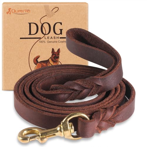 QUMY Leather Dog Leash 4ft, Heavy Duty Dog Training Leashs for Large, Medium and Small Dogs, Soft and Strong Genuine Leather Braided Handmade Long Lead Leash for Dog Training, Brown - Image 1