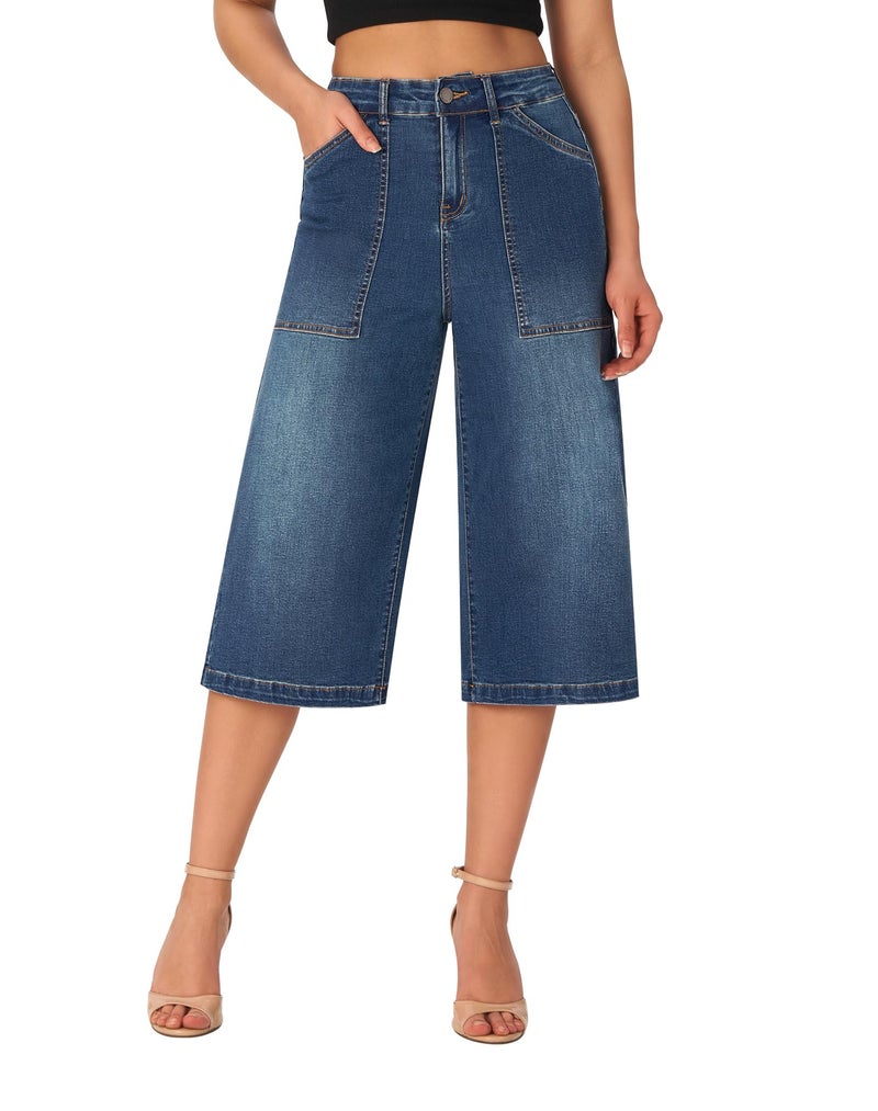 roswear Women’s Wide Leg Capri Pants Stretchy High Waisted Loose Denim Jeans Dark Blue X-Large - Image 1