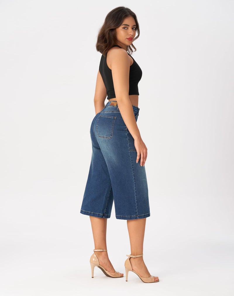 roswear Women’s Wide Leg Capri Pants Stretchy High Waisted Loose Denim Jeans Dark Blue X-Large - Image 3