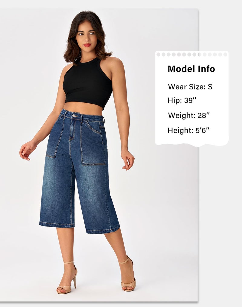 roswear Women’s Wide Leg Capri Pants Stretchy High Waisted Loose Denim Jeans Dark Blue X-Large - Image 2