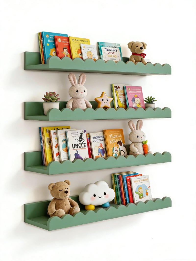 icnjdMopclean Scalloped Shelves for Nursery - Wall Book Shelves for Bedroom Kids, Nursery Bookshelf for Wall Set of 4, Floating Book Shelves Solid Wood,16 Inch, Sage - Image 1