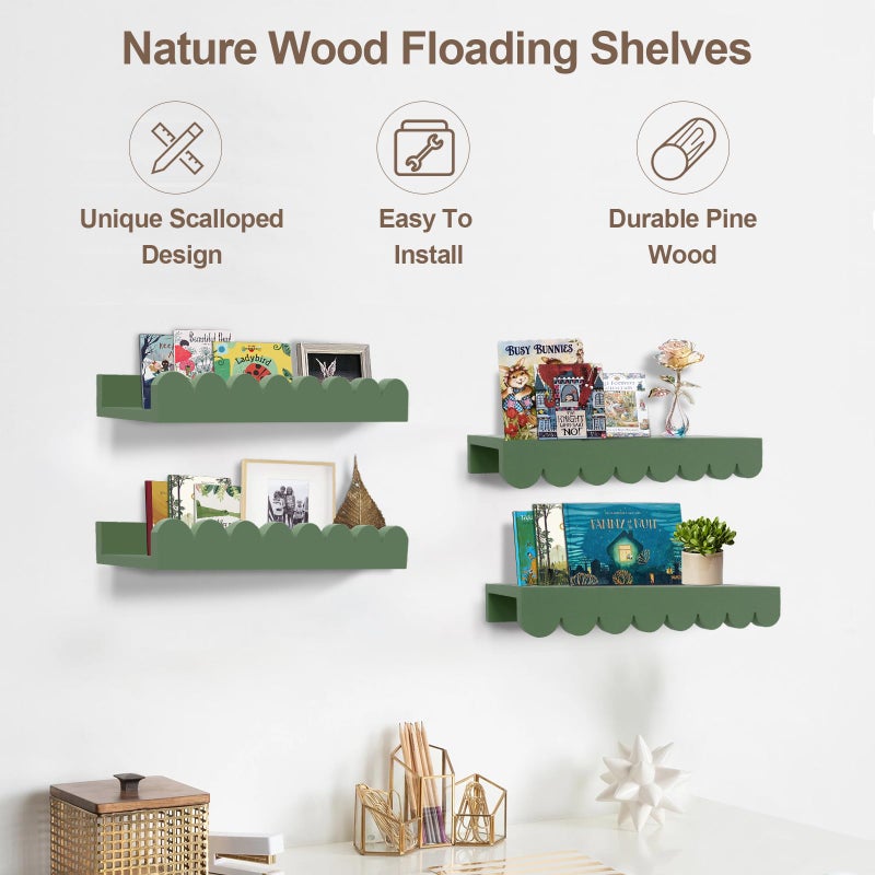 icnjdMopclean Scalloped Shelves for Nursery - Wall Book Shelves for Bedroom Kids, Nursery Bookshelf for Wall Set of 4, Floating Book Shelves Solid Wood,16 Inch, Sage - Image 2