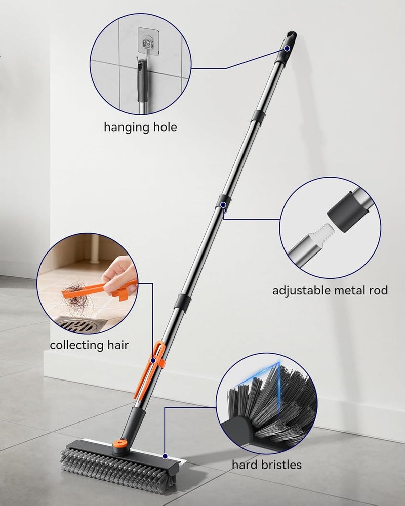 HelpX Small Floor Scrub Brush with Length Adjustable Long Handle, 3 in 1 Heavy-Duty Stiff Bristle Scrubber Brush with Squeegee and Tweezer for Cleaning Bathroom, Tile, Deck, Patio, Garage and Kitchen - Image 5