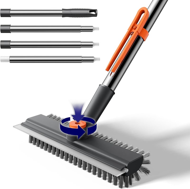 HelpX Small Floor Scrub Brush with Length Adjustable Long Handle, 3 in 1 Heavy-Duty Stiff Bristle Scrubber Brush with Squeegee and Tweezer for Cleaning Bathroom, Tile, Deck, Patio, Garage and Kitchen - Image 1