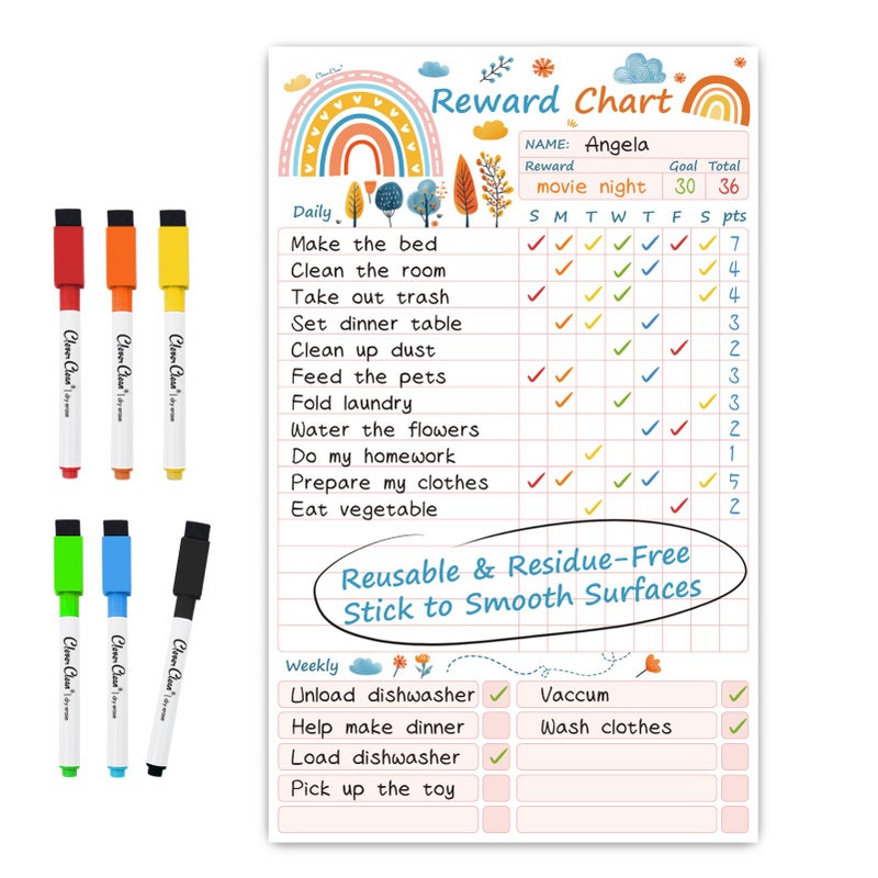 Clever Clean Dry Erase Chores Chart for Kids, Reusable Reward Chart Chart, Non-Magnetic Kids Chore Board Clings to Any Smooth Surfaces, 6 Whiteboard Markers Included (Rainbow)… - Image 1