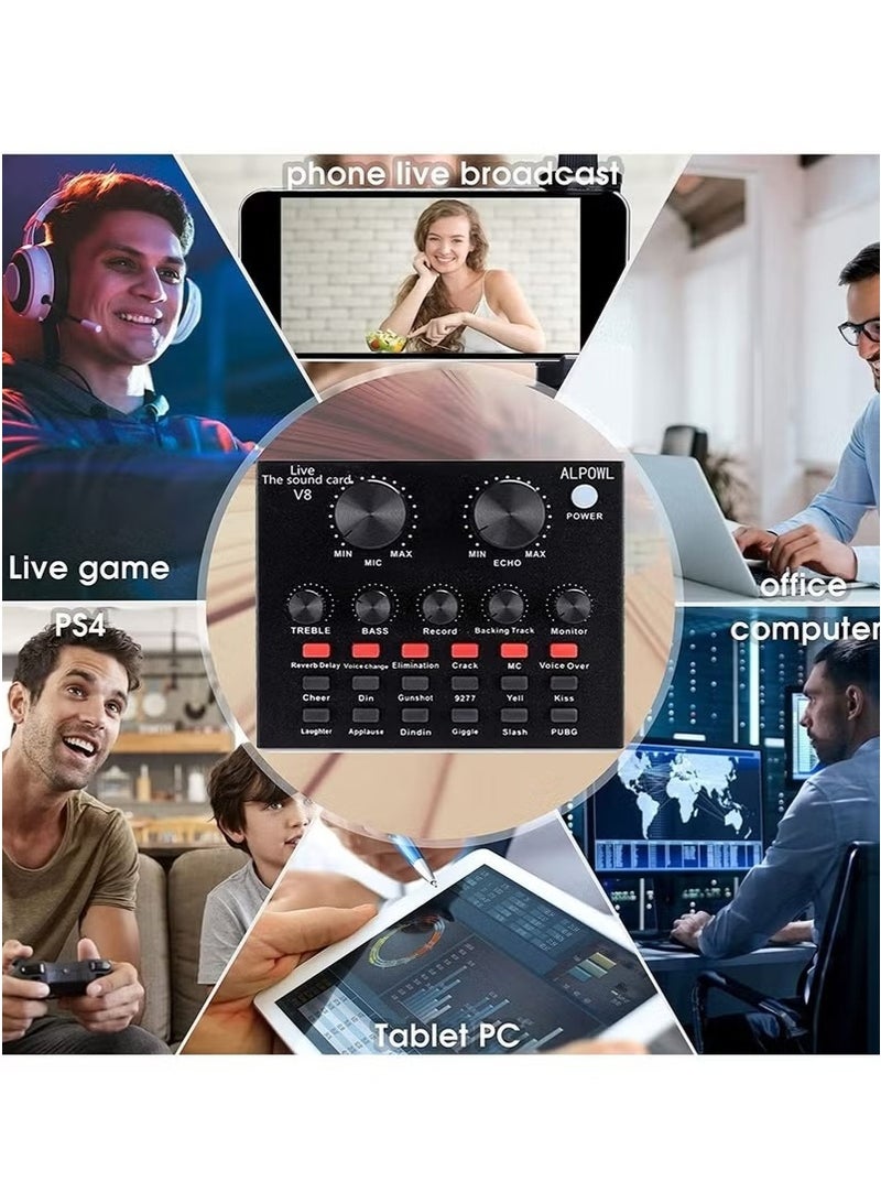 Professional Condenser Microphone With V8S Live Sound Card And Studio Recording Broadcasting Set Black/Gold - Image 4