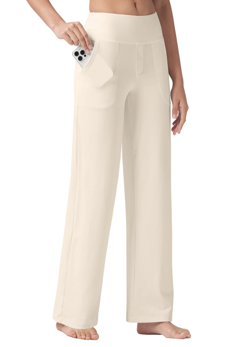 Willit Women's Yoga Pants Wide Leg Dress Work Pants Stretch Casual Pants Slacks with Pockets High Waist 30" Cream M - Image 1