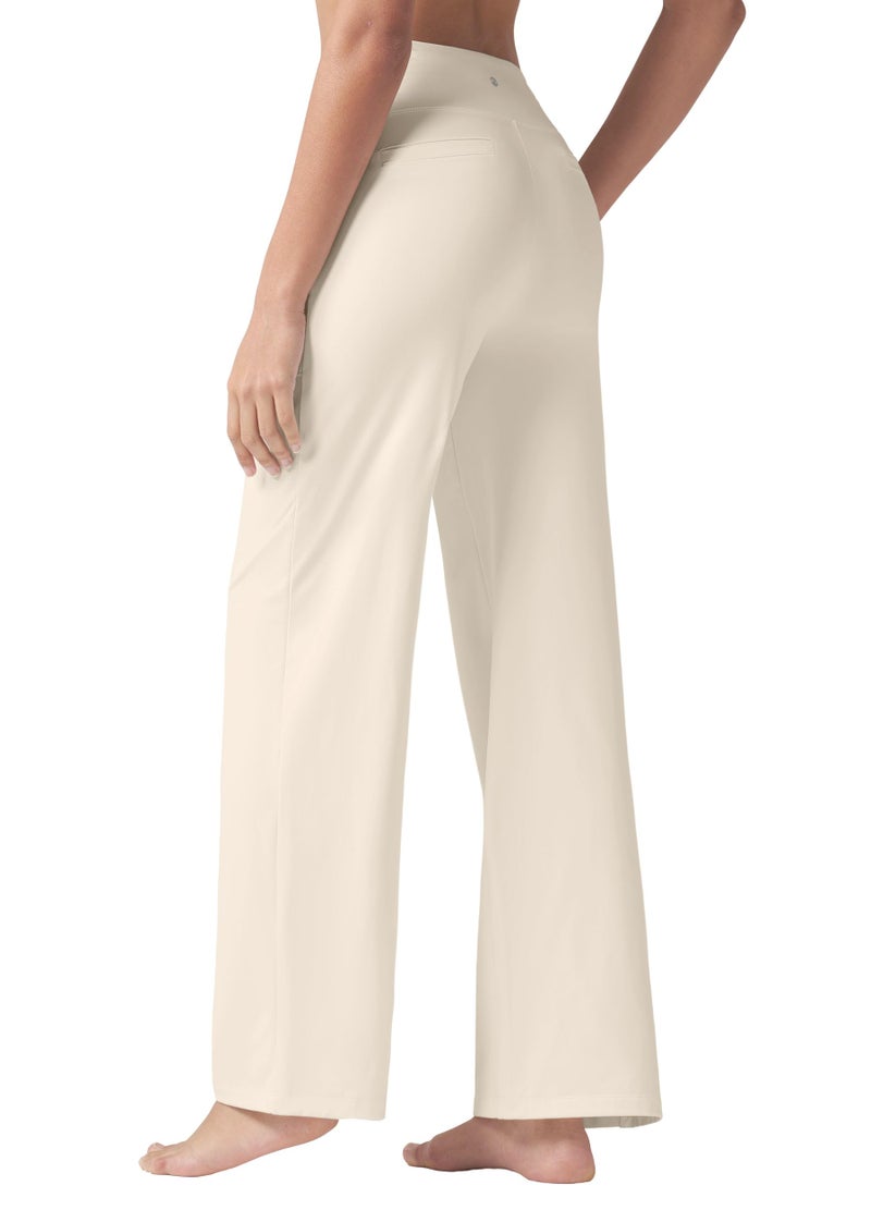Willit Women's Yoga Pants Wide Leg Dress Work Pants Stretch Casual Pants Slacks with Pockets High Waist 30" Cream M - Image 3