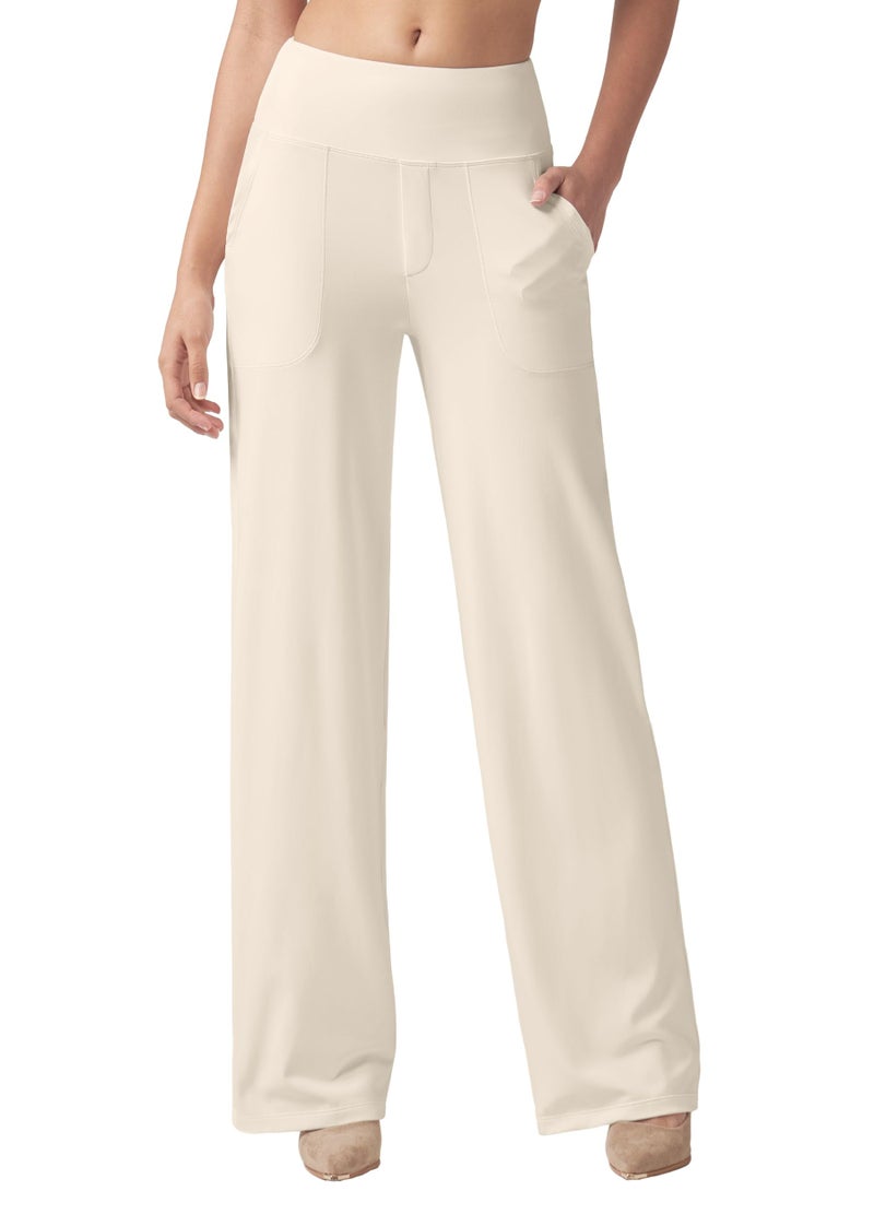 Willit Women's Yoga Pants Wide Leg Dress Work Pants Stretch Casual Pants Slacks with Pockets High Waist 30" Cream M - Image 2