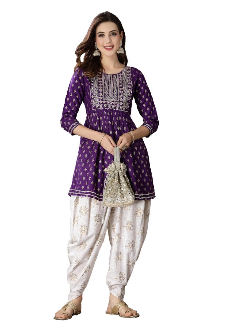 Stylum Women's Printed & Embroidered Rayon A-Line Kurti With Dhoti Pant - Image 1