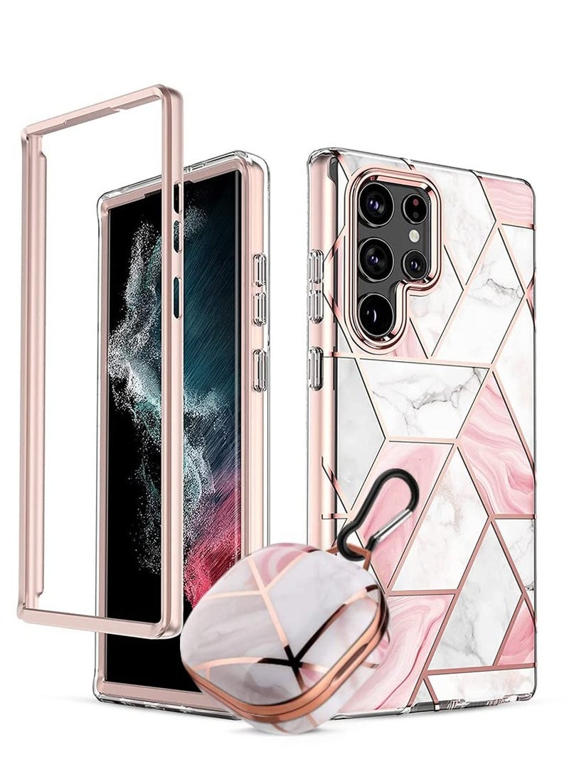O Ozone Marble Bundle for Samsung Galaxy S24 5G Ultra Case + Galaxy Buds Case, Full-Body Smooth Gloss Finish Marble Shockproof Bumper Stylish Cover (Pink)  - Image 1