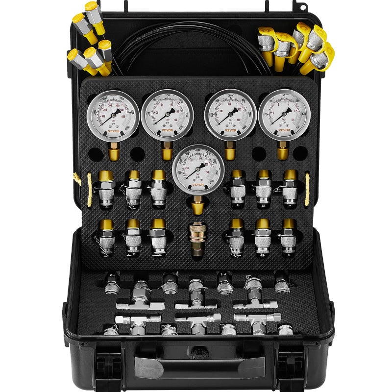 VEVOR Hydraulic Pressure Test Kit 10100250400600bar 5 Gauges 13 Test Couplings 14 Tee Connectors 5 Test Hoses Hydraulic Gauge Kit with Sturdy Carrying Case for Excavator Construction Machinery - Image 2