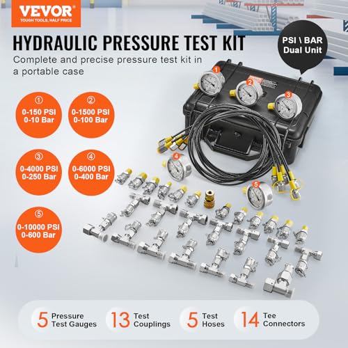 VEVOR Hydraulic Pressure Test Kit 10100250400600bar 5 Gauges 13 Test Couplings 14 Tee Connectors 5 Test Hoses Hydraulic Gauge Kit with Sturdy Carrying Case for Excavator Construction Machinery - Image 3