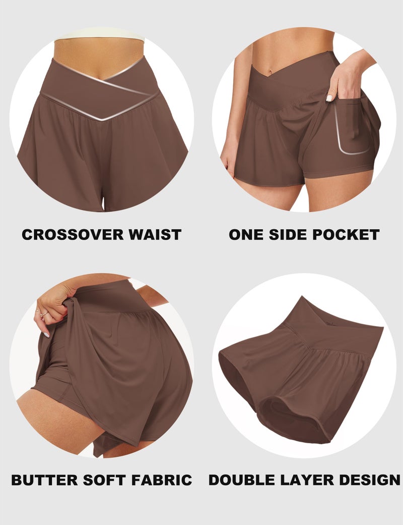 FireSwan Crossover Athletic Shorts for Women 2 in 1 Flowy Running Shorts with Pockets Spandex Butterfly Workout Tennis Skorts Brown - Image 4