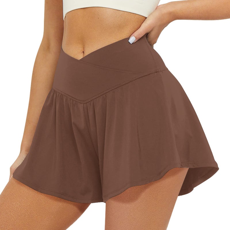 FireSwan Crossover Athletic Shorts for Women 2 in 1 Flowy Running Shorts with Pockets Spandex Butterfly Workout Tennis Skorts Brown - Image 2