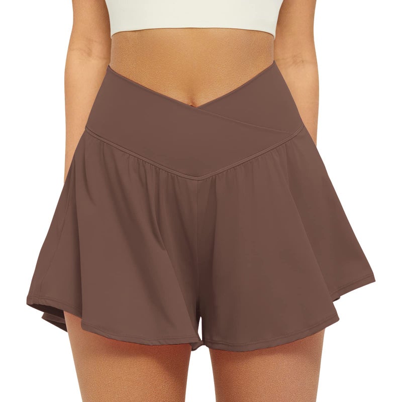FireSwan Crossover Athletic Shorts for Women 2 in 1 Flowy Running Shorts with Pockets Spandex Butterfly Workout Tennis Skorts Brown - Image 1