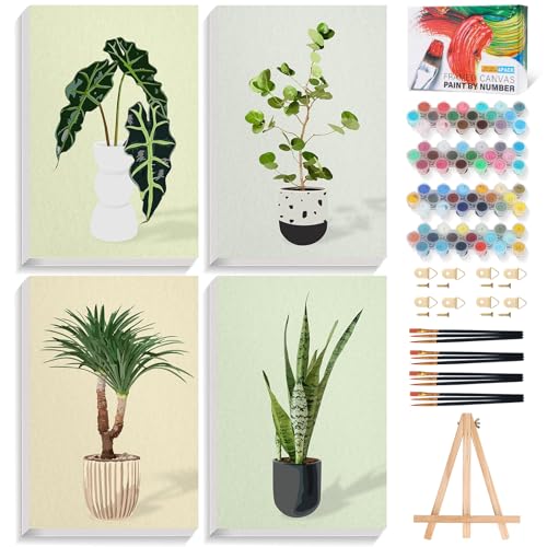 Fountor 4 Pack Framed Paint by Numbers Kit for Adults Beginners with Wooden Easel DIY Green Plant Paint by Number Kit with Frame Simple Plants Painting by Numbers for Home Wall Decor 8x12 inch - Image 1
