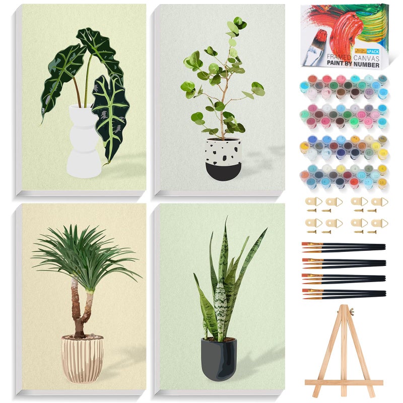 Fountor 4 Pack Framed Paint by Numbers Kit for Adults Beginners with Wooden Easel DIY Green Plant Paint by Number Kit with Frame Simple Plants Painting by Numbers for Home Wall Decor 8x12 inch - Image 2