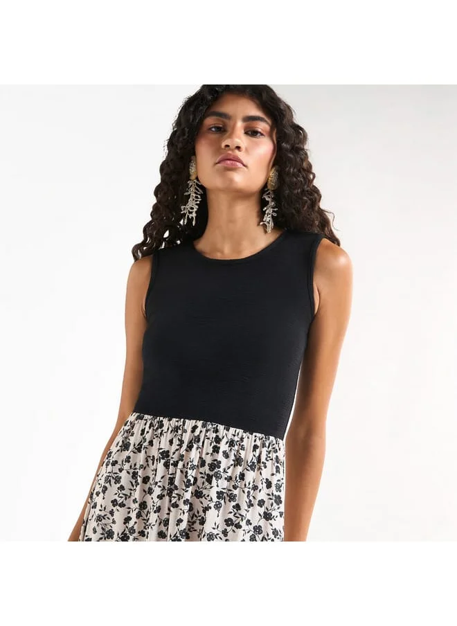 FAV Floral Print Sleeveless Dress with Round Neck and Asymmetrical Hem