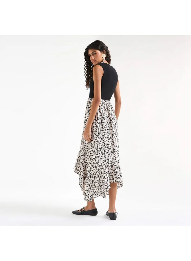 FAV Floral Print Sleeveless Dress with Round Neck and Asymmetrical Hem