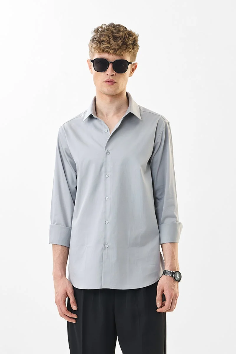 SNITCH Light Grey Solid Long Sleeve Slim Fit Formal Luxe Shirt