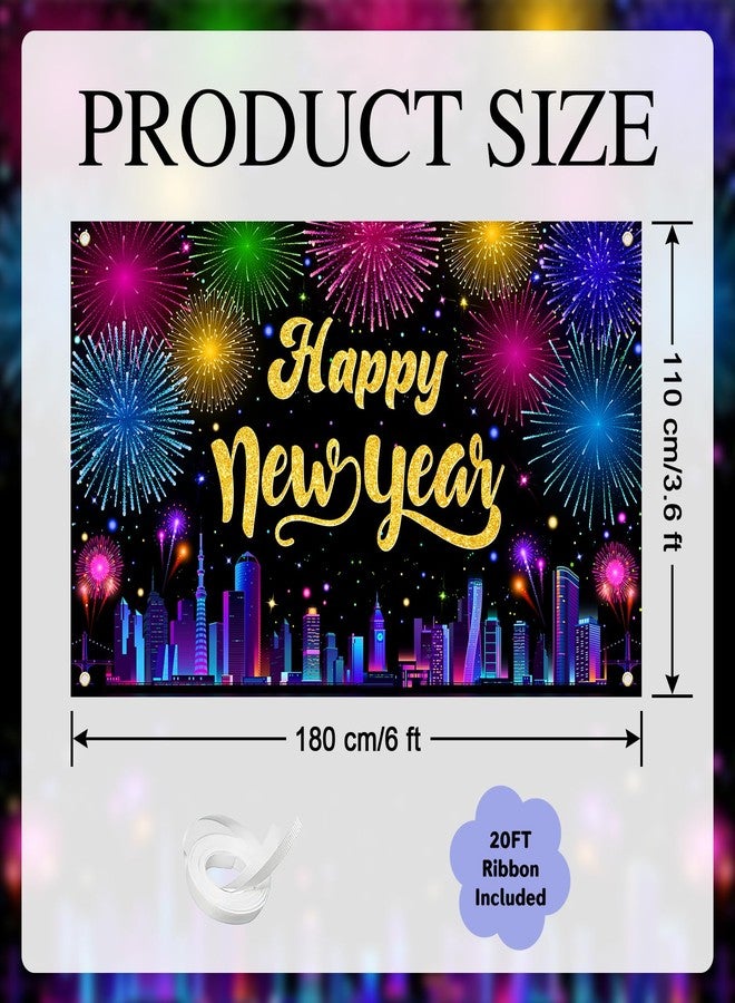 Avezano 2026 Happy New Year Banner Multicolor Happy New Years Eve Party Decorations Fireworks Cityscape New Year Party Backdrop NYE Party Supplies (6x3.6ft) - Image 2