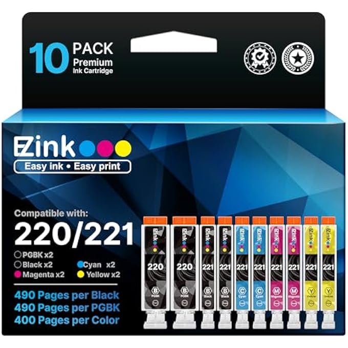 COMPATIBLE INK CARTRIDGE REPLACEMENT FOR CANON PGI-220 PGI220 CLI-221 CLI221 TO USE WITH PIXMA MX860 MX870 MP620 MP560 (2 LARGE BLACK, 2 CYAN, 2 MAGENTA, 2 YELLOW, 2 SMALL BLACK) 10 PACK - Image 1