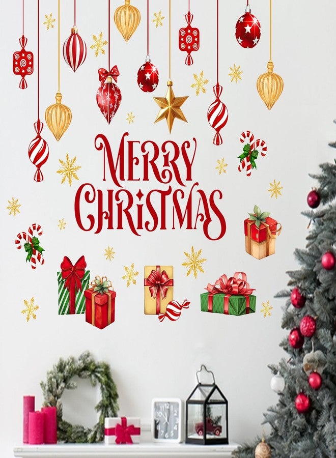 Mfault Merry Christmas Balls Wall Decals Stickers, Xmas Gifts Gold Snowflake Decorations Bedroom Art, Winter Holiday Peppermint Candy Cane Home Kitchen Decor - Image 1