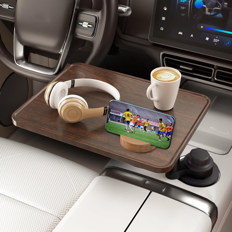 AXVLU Car Tray Table & Car Laptop Desk with 360Â° Rotation & Phone Holder - Wooden Cup Holder Table, Car Laptop Mount & Food Tray Compatible with Tesla Model Y/3/S and Most Vehicles - Image 1