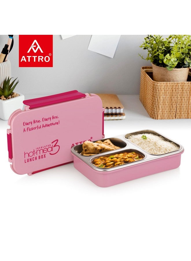 ATTRO Hot-Meal 3 Insulated Lunch Box with 3 Compartment, Inner Stainless Steel & Locking Lid BPA-Free Food Grade Ideal for School, Office - 900ml Peach - Image 2
