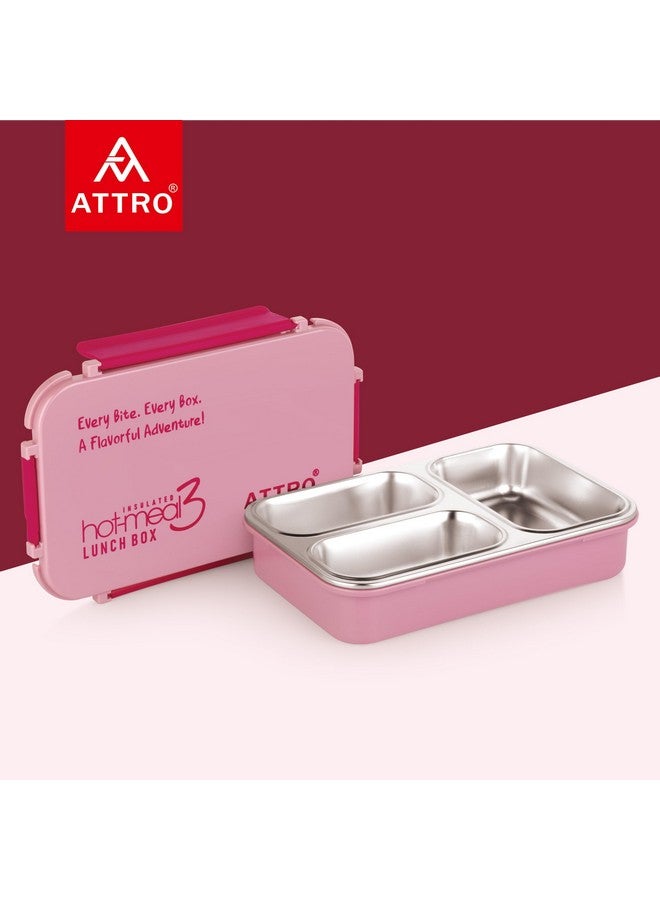 ATTRO Hot-Meal 3 Insulated Lunch Box with 3 Compartment, Inner Stainless Steel & Locking Lid BPA-Free Food Grade Ideal for School, Office - 900ml Peach - Image 5