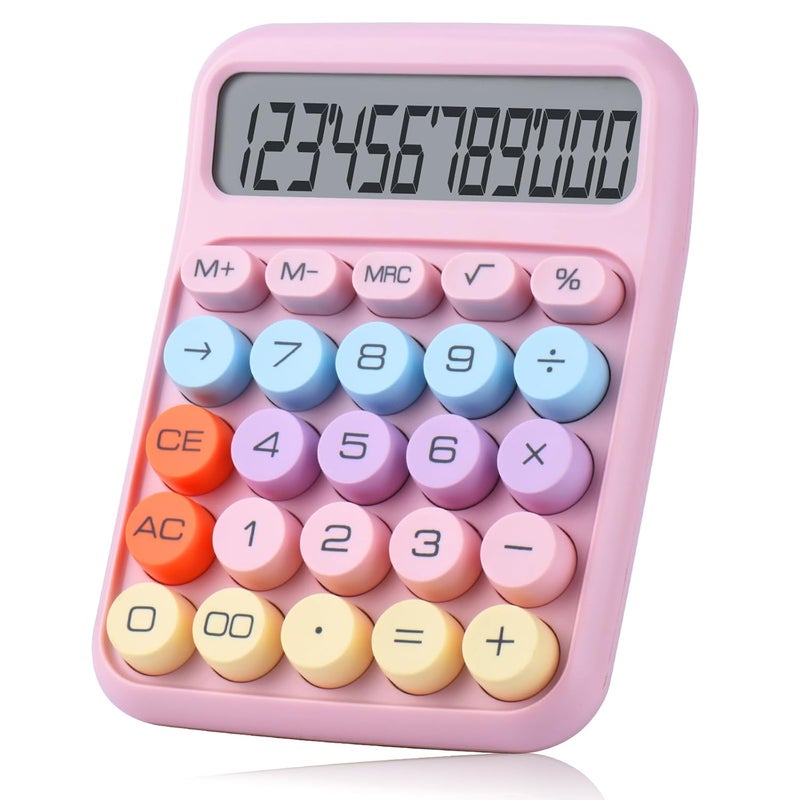 Holotioee Mechanical Pushbutton Calculator,12 Digit Large LCD Display,Big Buttons Easy To Press,Colorful Candy Financial Calculator ,Automatic Sleep,With Battery.For Office,School, Home. (Pink) - Image 1