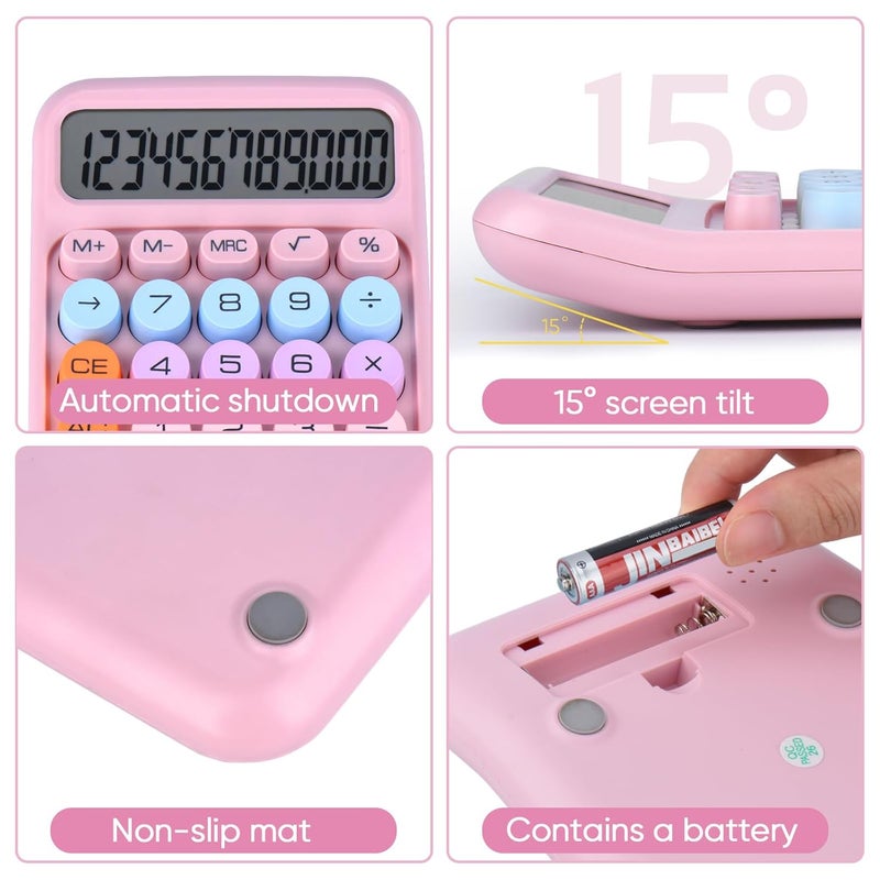 Holotioee Mechanical Pushbutton Calculator,12 Digit Large LCD Display,Big Buttons Easy To Press,Colorful Candy Financial Calculator ,Automatic Sleep,With Battery.For Office,School, Home. (Pink) - Image 3