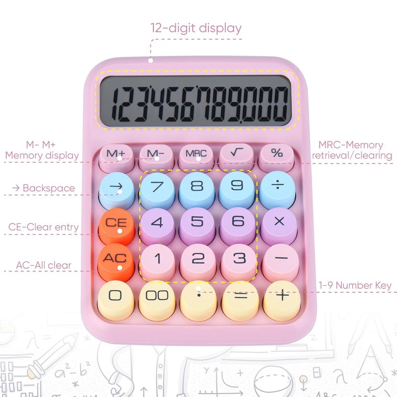 Holotioee Mechanical Pushbutton Calculator,12 Digit Large LCD Display,Big Buttons Easy To Press,Colorful Candy Financial Calculator ,Automatic Sleep,With Battery.For Office,School, Home. (Pink) - Image 2