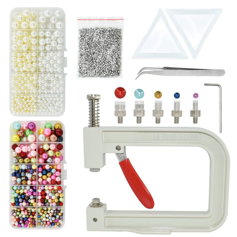 BDS-HOME 5400pcs Pearl Beads Hand Press Pearl Setting Tool Set, Beads Rivet Fixing Machine, DIY Handmade Pearl Setting Machine with Beads Nails Screw Heads Tweezers Wrench Trays for DIY Crafts Accessories - Image 1