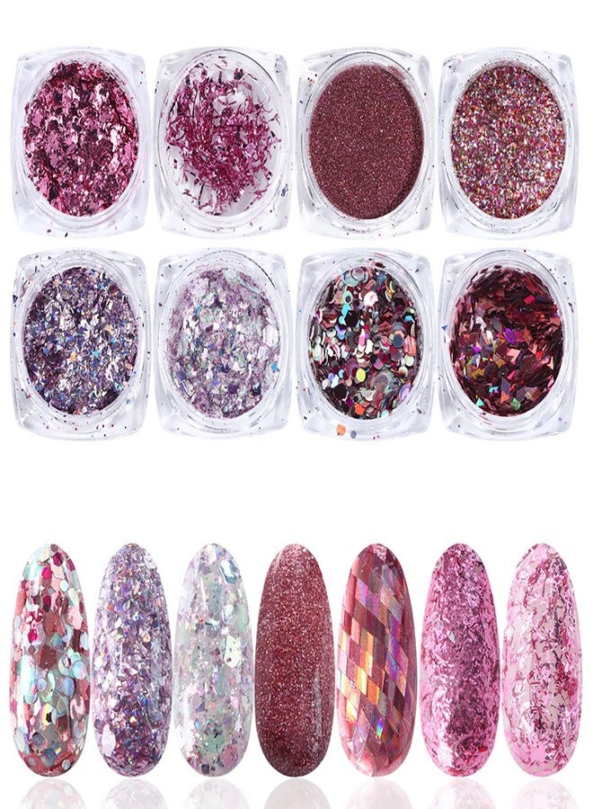 GOGOONLY Nail Art Sequins Glitter Set, 8 Boxes Holographic Nails Powder Nail Art Sequins Metallic Shining Flakes Nail Glitter Set for Nails Art Decoration (Magenta) - BH001001 - Image 1