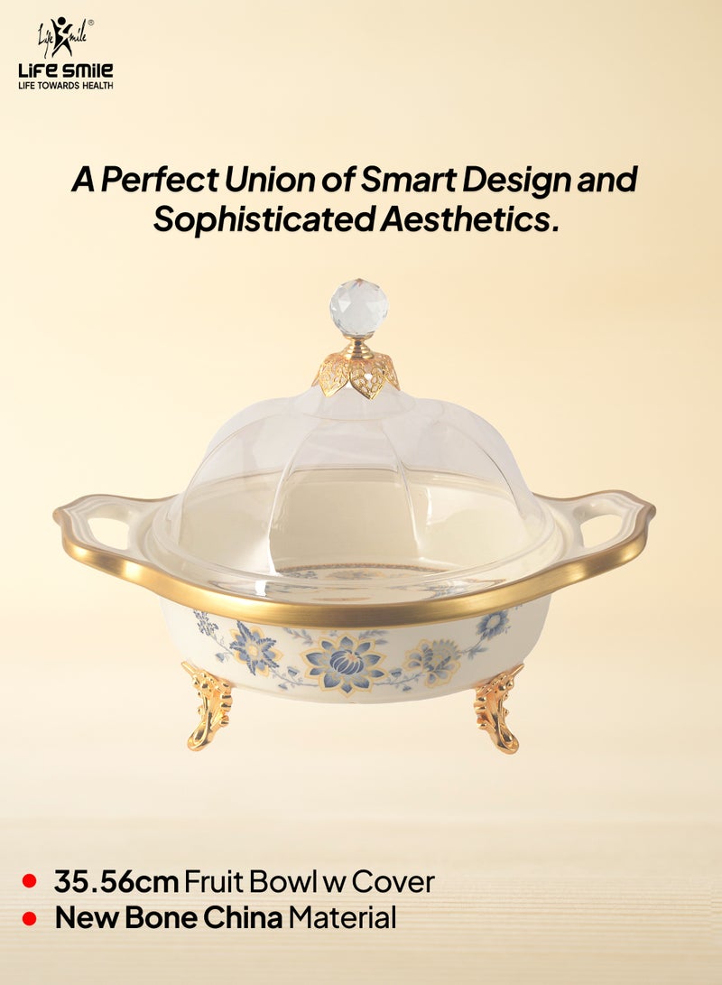 Life Smile Life Smile LIFE SMILE Round Bone China Fruit Bowl With Cover  - Serving Basket with Gold Stand and Acrylic Lid with Knob For Fruit ,Snack, Nuts ,Cake & Dessert Storage - Image 2