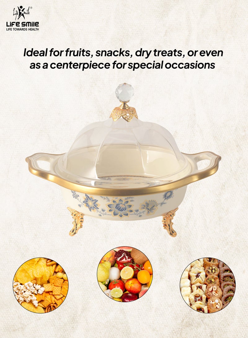 Life Smile Life Smile LIFE SMILE Round Bone China Fruit Bowl With Cover  - Serving Basket with Gold Stand and Acrylic Lid with Knob For Fruit ,Snack, Nuts ,Cake & Dessert Storage - Image 3