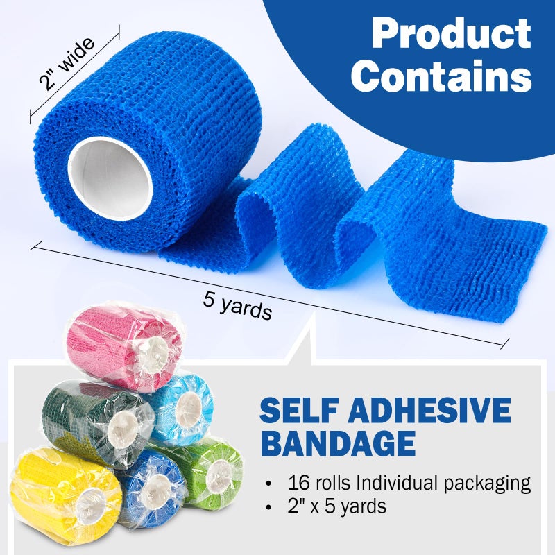 AZEN 16 Pack Self Adhesive Bandage Wrap, 2" X 5 Yards Elastic Cohesive Bandage Wrap, Color Athletic Tape, Vet Wrap, Ankle Tape, Tattoo Grip Tape Wrap - Image 2